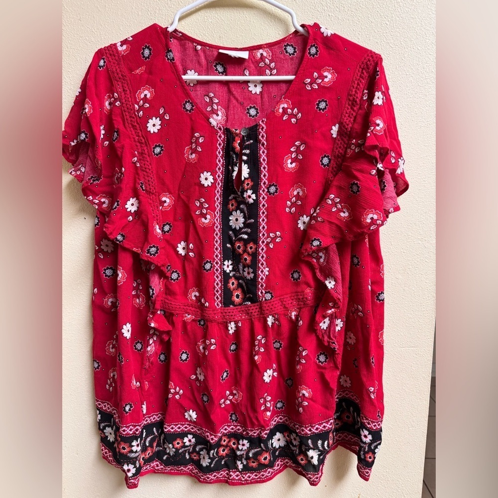 J. Jill Red Floral Cotton Peasant Blouse Extra Large | Ruffle Boho Flowy Top